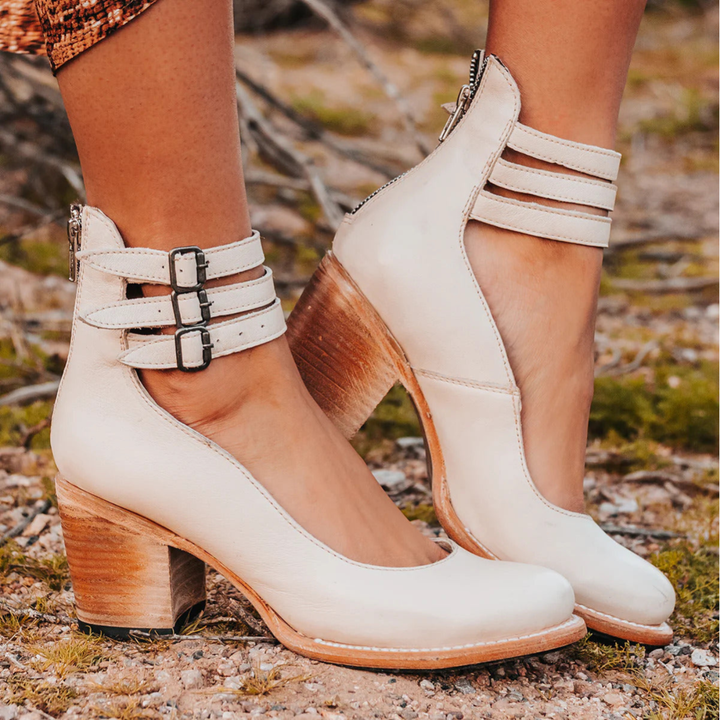 Caden | Women's Leather Triple Buckle Ankle Strap Block Heel Carol & Margaret Wilmington
