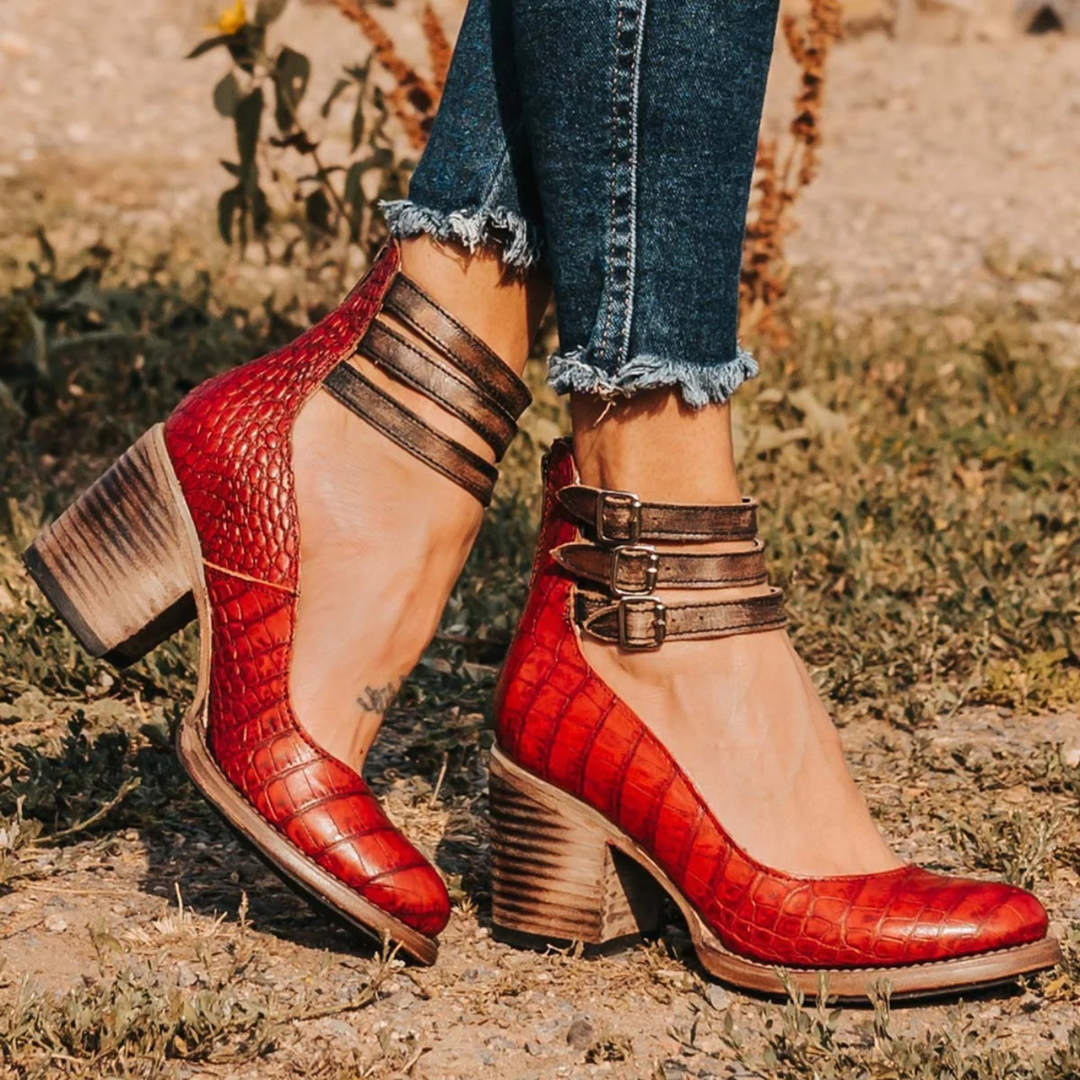 Caden | Women's Leather Triple Buckle Ankle Strap Block Heel Carol & Margaret Wilmington