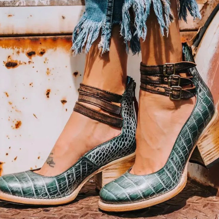 Caden | Women's Leather Triple Buckle Ankle Strap Block Heel Carol & Margaret Wilmington