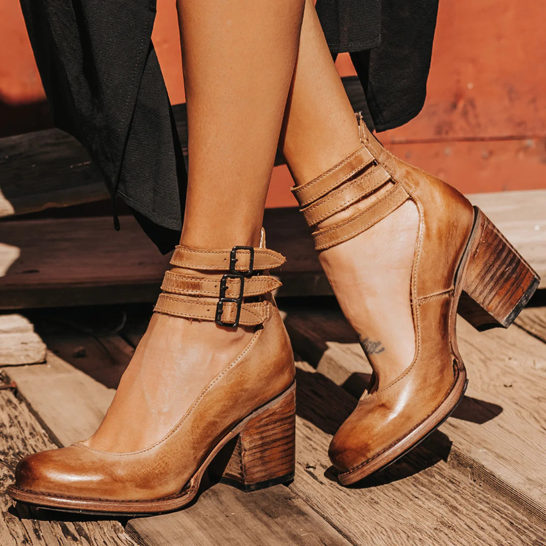 Caden | Women's Leather Triple Buckle Ankle Strap Block Heel Carol & Margaret Wilmington
