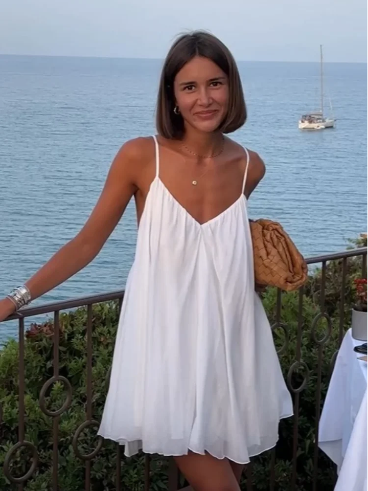 Calista | Women's White Chiffon V-Neck Spaghetti Strap Mini Dress Carol & Margaret Wilmington