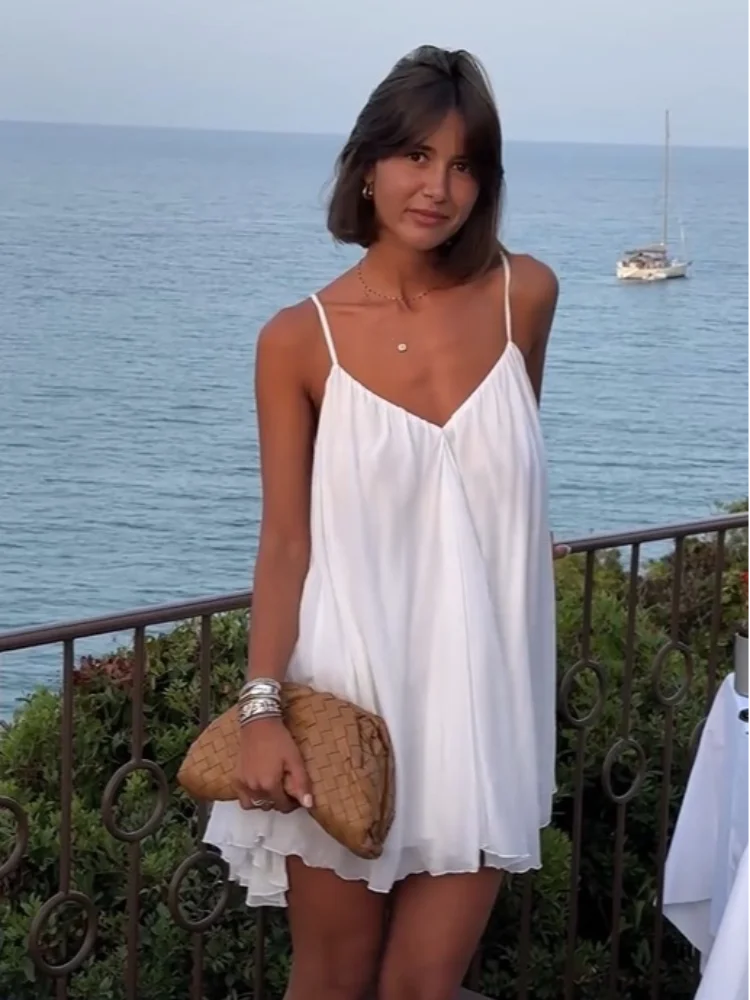 Calista | Women's White Chiffon V-Neck Spaghetti Strap Mini Dress Carol & Margaret Wilmington