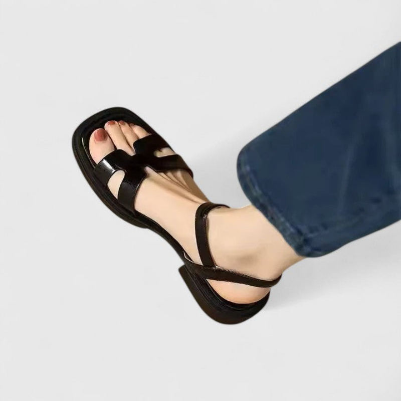 Calla | Women's Leather Cutout Square Toe Ankle Strap Flat Sandals Carol & Margaret Wilmington