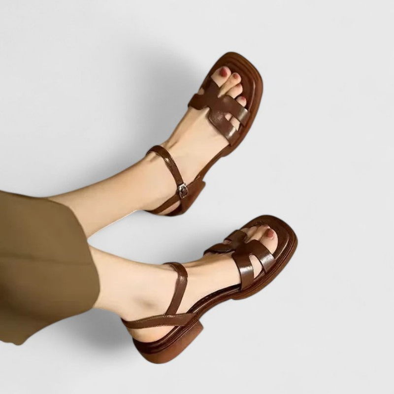 Calla | Women's Leather Cutout Square Toe Ankle Strap Flat Sandals Carol & Margaret Wilmington