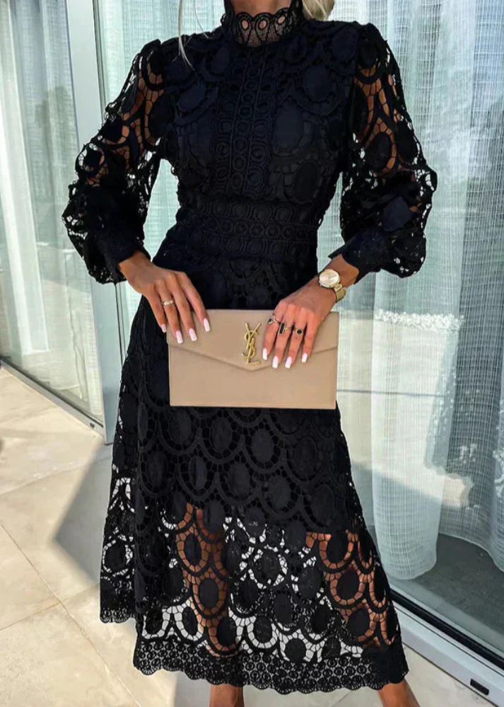 Camille | Women's Lace Mock Neck Long Sleeve A-Line Midi Dress Carol & Margaret Wilmington
