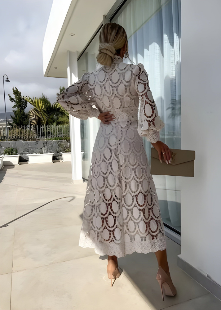 Camille | Women's Lace Mock Neck Long Sleeve A-Line Midi Dress Carol & Margaret Wilmington
