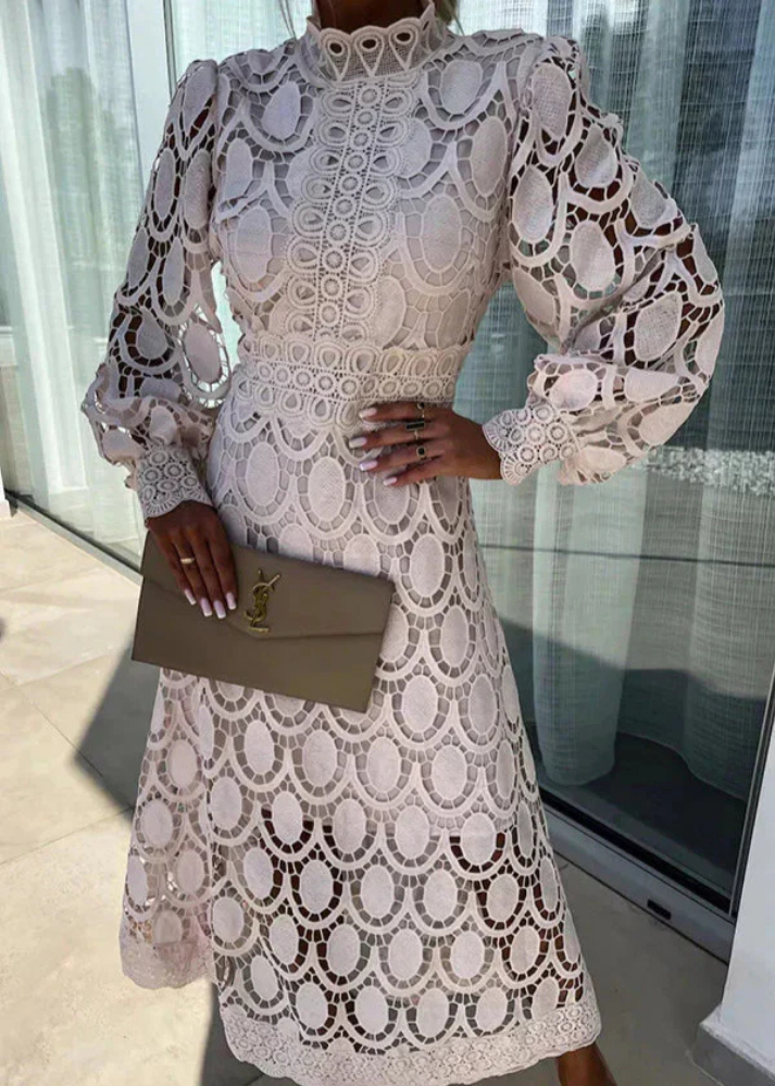 Camille | Women's Lace Mock Neck Long Sleeve A-Line Midi Dress Carol & Margaret Wilmington