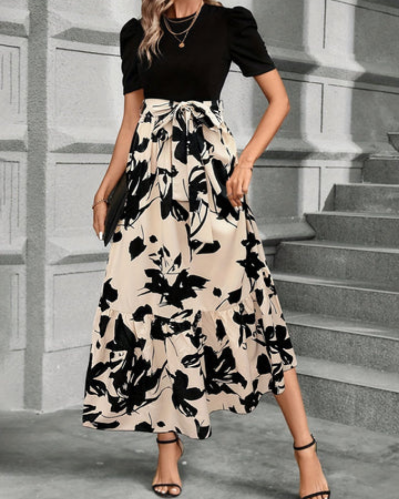 Celeste | Women's Beige Stretch Puff Sleeve Tie-Waist Tiered Maxi Dress Carol & Margaret Wilmington