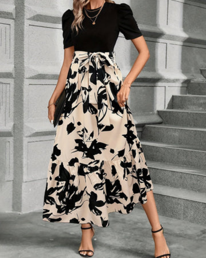 Celeste | Women's Beige Stretch Puff Sleeve Tie-Waist Tiered Maxi Dress Carol & Margaret Wilmington