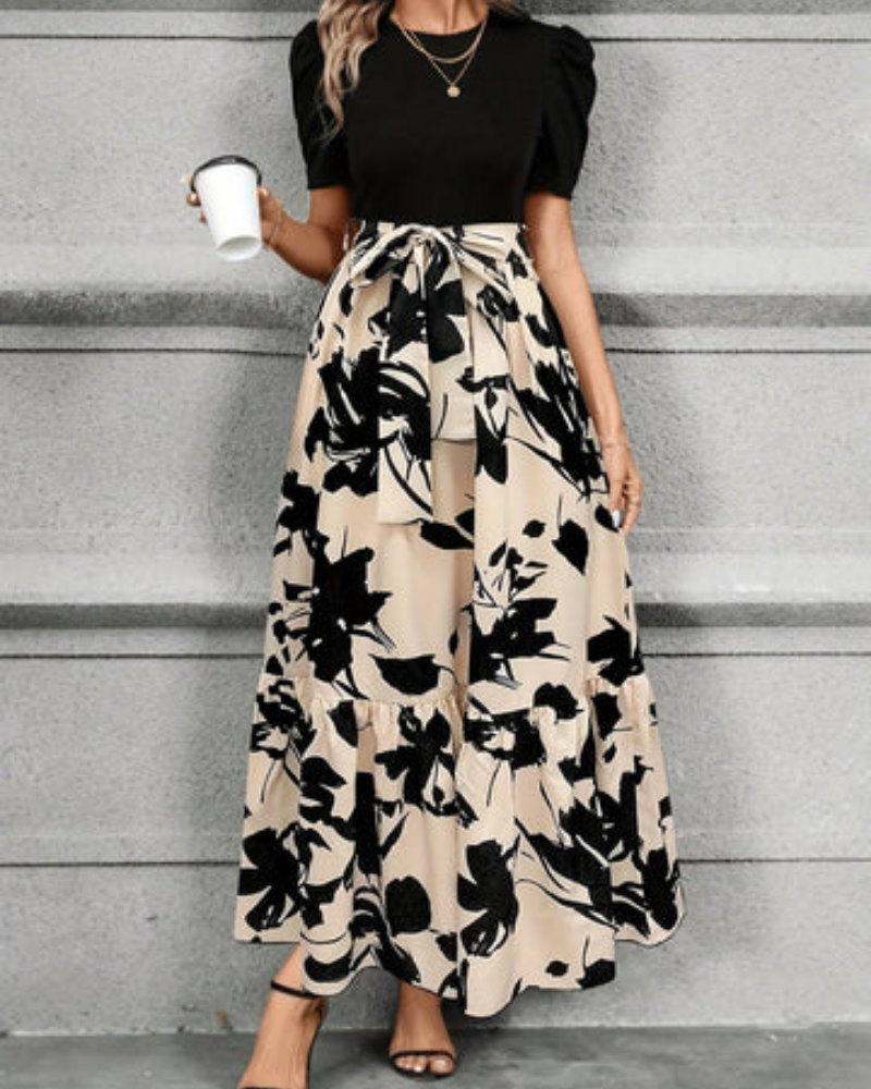 Celeste | Women's Beige Stretch Puff Sleeve Tie-Waist Tiered Maxi Dress Carol & Margaret Wilmington