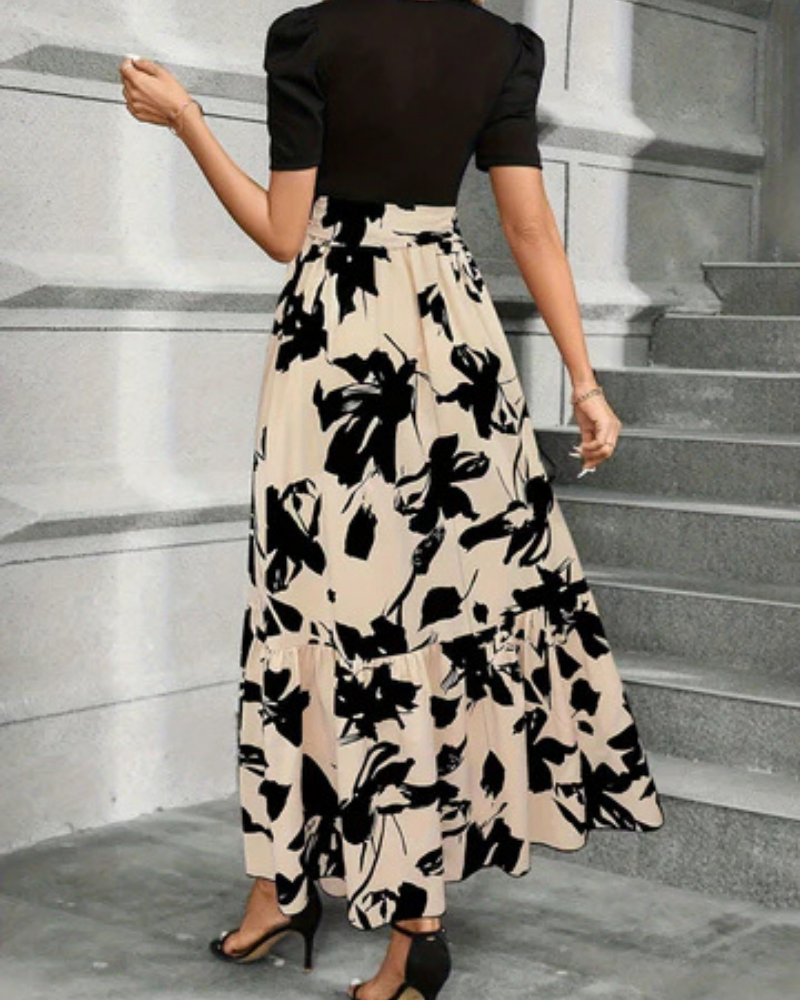 Celeste | Women's Beige Stretch Puff Sleeve Tie-Waist Tiered Maxi Dress Carol & Margaret Wilmington