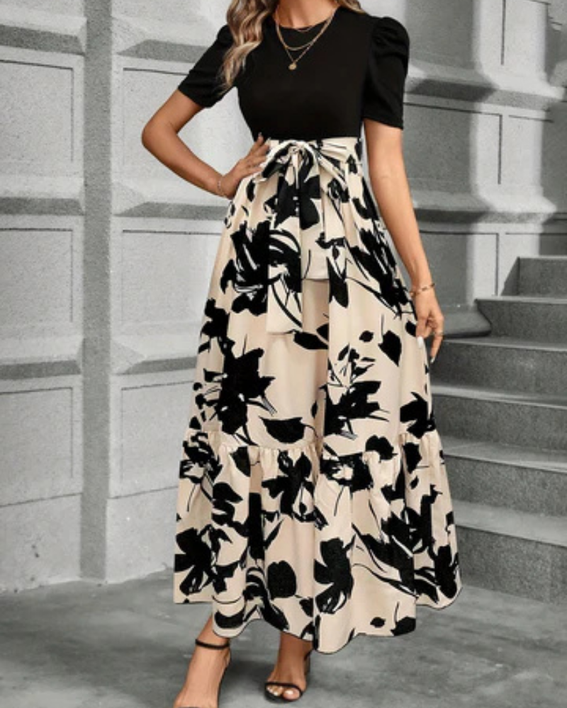 Celeste | Women's Beige Stretch Puff Sleeve Tie-Waist Tiered Maxi Dress Carol & Margaret Wilmington