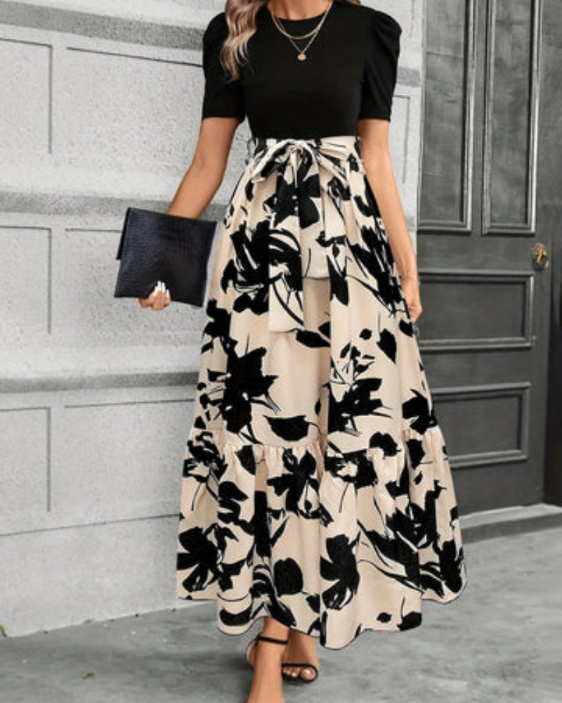 Celeste | Women's Beige Stretch Puff Sleeve Tie-Waist Tiered Maxi Dress Carol & Margaret Wilmington