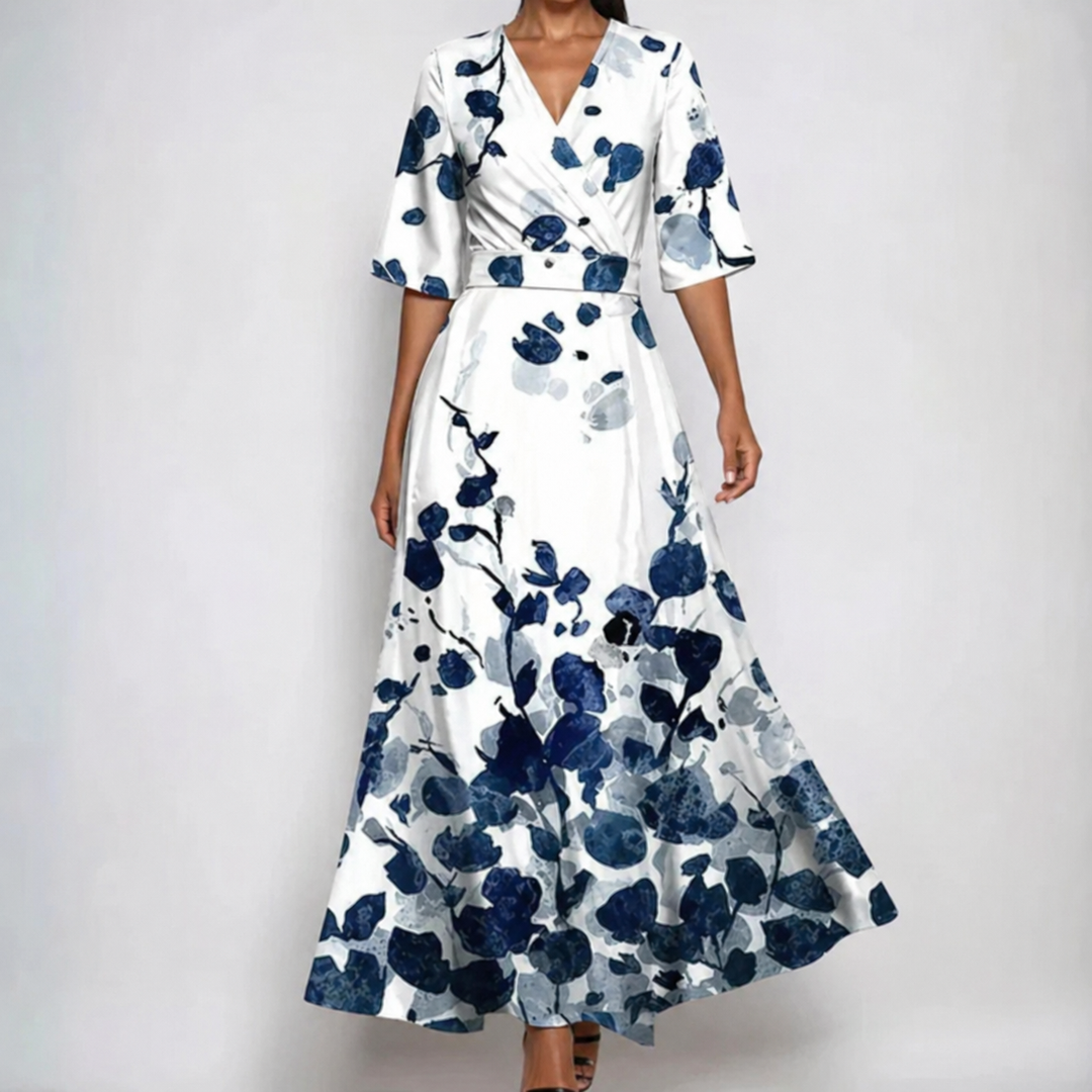 Celeste | Women's Satin Floral Wrap V-Neck Belted Maxi Dress Carol & Margaret Wilmington