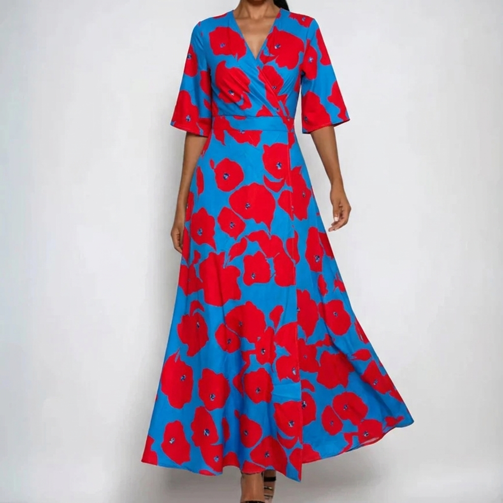 Celeste | Women's Satin Floral Wrap V-Neck Belted Maxi Dress Carol & Margaret Wilmington