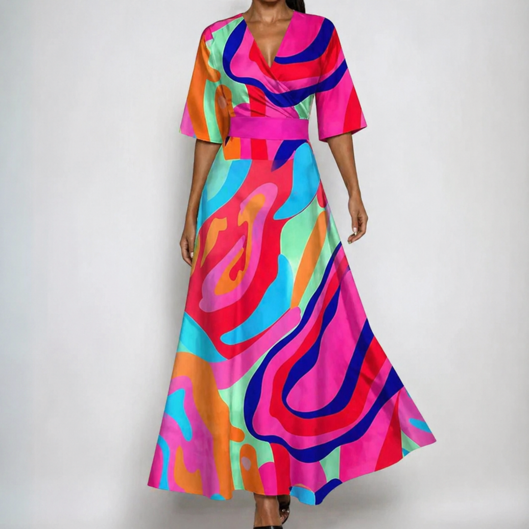 Celeste | Women's Satin Floral Wrap V-Neck Belted Maxi Dress Carol & Margaret Wilmington