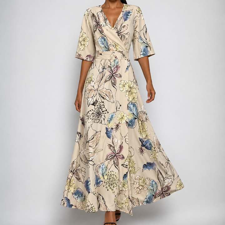 Celeste | Women's Satin Floral Wrap V-Neck Belted Maxi Dress Carol & Margaret Wilmington