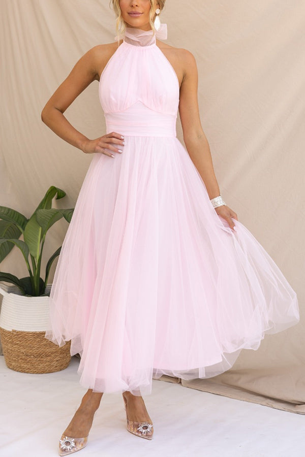 Celestia | Women's Chiffon Mesh Halter Neck Ruched Waist A-Line Midi Dress Carol & Margaret Wilmington