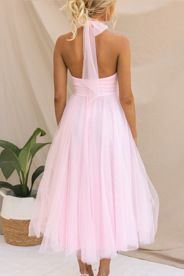 Celestia | Women's Chiffon Mesh Halter Neck Ruched Waist A-Line Midi Dress Carol & Margaret Wilmington