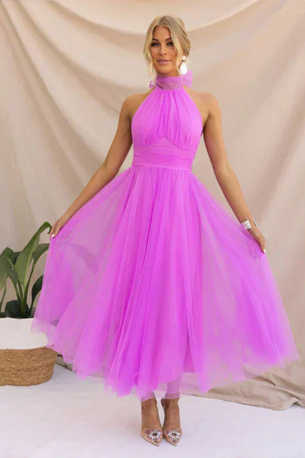 Celestia | Women's Chiffon Mesh Halter Neck Ruched Waist A-Line Midi Dress Carol & Margaret Wilmington