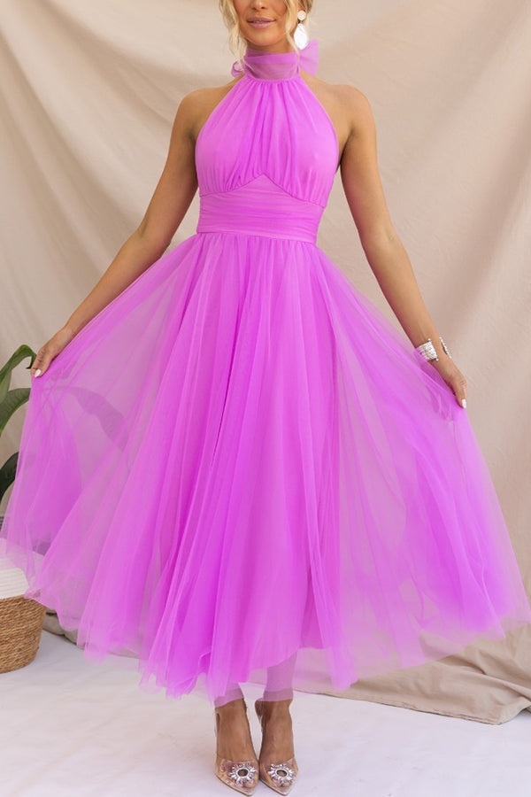 Celestia | Women's Chiffon Mesh Halter Neck Ruched Waist A-Line Midi Dress Carol & Margaret Wilmington