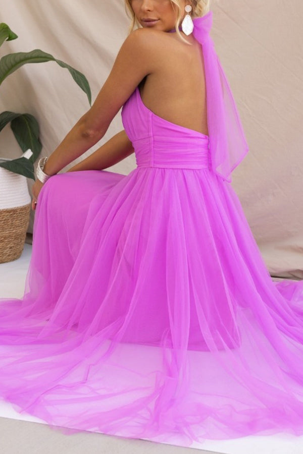 Celestia | Women's Chiffon Mesh Halter Neck Ruched Waist A-Line Midi Dress Carol & Margaret Wilmington