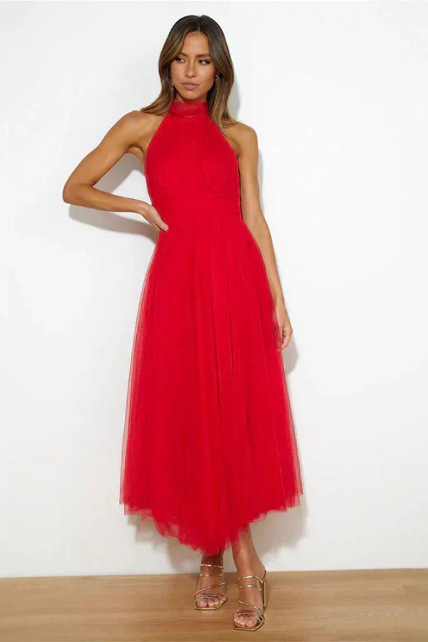 Celestia | Women's Chiffon Mesh Halter Neck Ruched Waist A-Line Midi Dress Carol & Margaret Wilmington