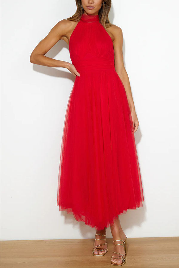 Celestia | Women's Chiffon Mesh Halter Neck Ruched Waist A-Line Midi Dress Carol & Margaret Wilmington