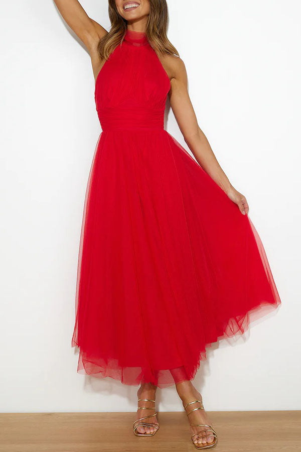Celestia | Women's Chiffon Mesh Halter Neck Ruched Waist A-Line Midi Dress Carol & Margaret Wilmington