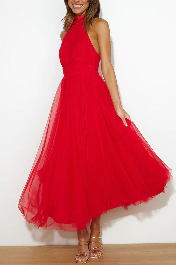 Celestia | Women's Chiffon Mesh Halter Neck Ruched Waist A-Line Midi Dress Carol & Margaret Wilmington
