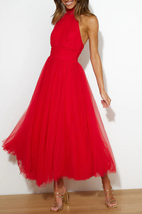 Celestia | Women's Chiffon Mesh Halter Neck Ruched Waist A-Line Midi Dress Carol & Margaret Wilmington