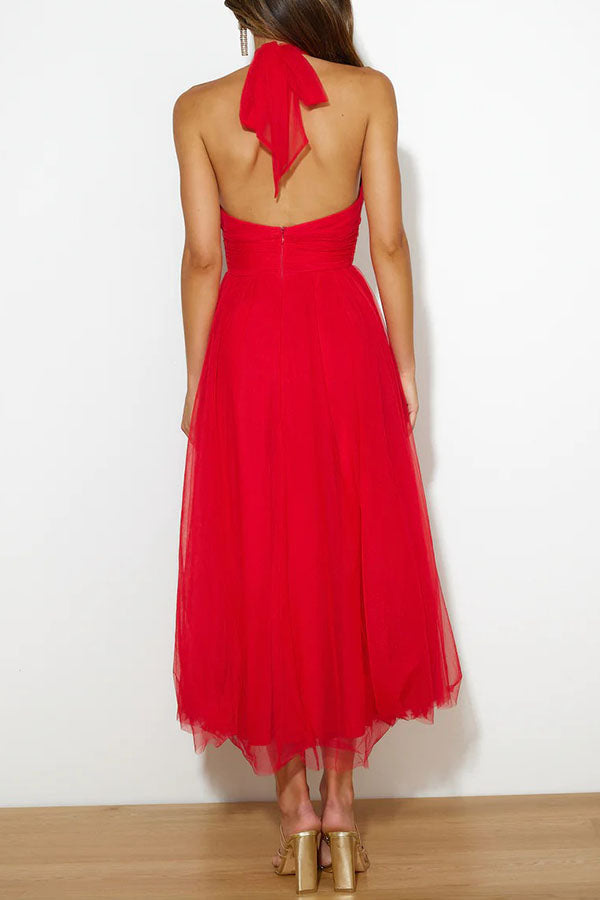 Celestia | Women's Chiffon Mesh Halter Neck Ruched Waist A-Line Midi Dress Carol & Margaret Wilmington