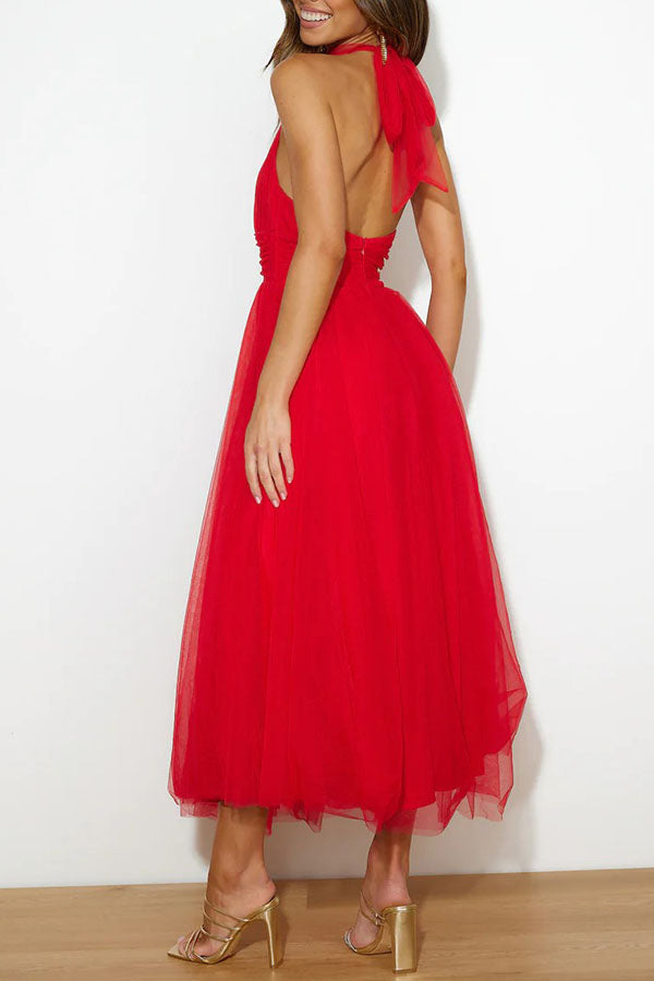 Celestia | Women's Chiffon Mesh Halter Neck Ruched Waist A-Line Midi Dress Carol & Margaret Wilmington