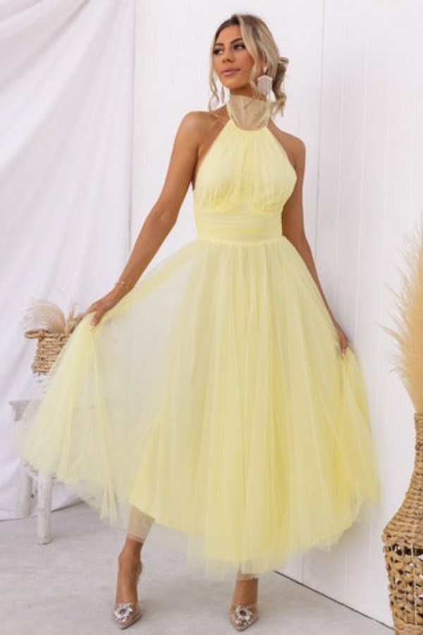 Celestia | Women's Chiffon Mesh Halter Neck Ruched Waist A-Line Midi Dress Carol & Margaret Wilmington