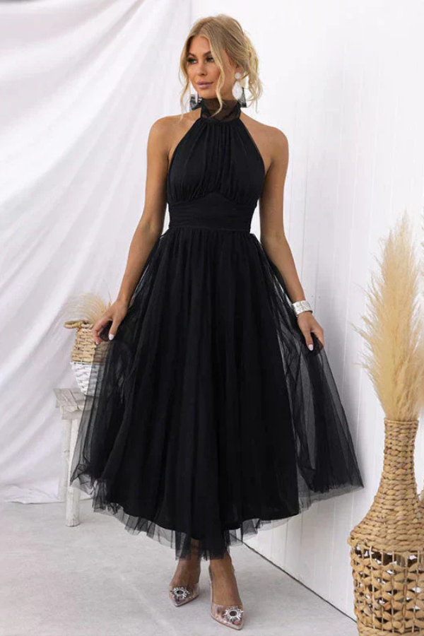 Celestia | Women's Chiffon Mesh Halter Neck Ruched Waist A-Line Midi Dress Carol & Margaret Wilmington