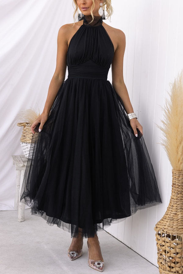 Celestia | Women's Chiffon Mesh Halter Neck Ruched Waist A-Line Midi Dress Carol & Margaret Wilmington