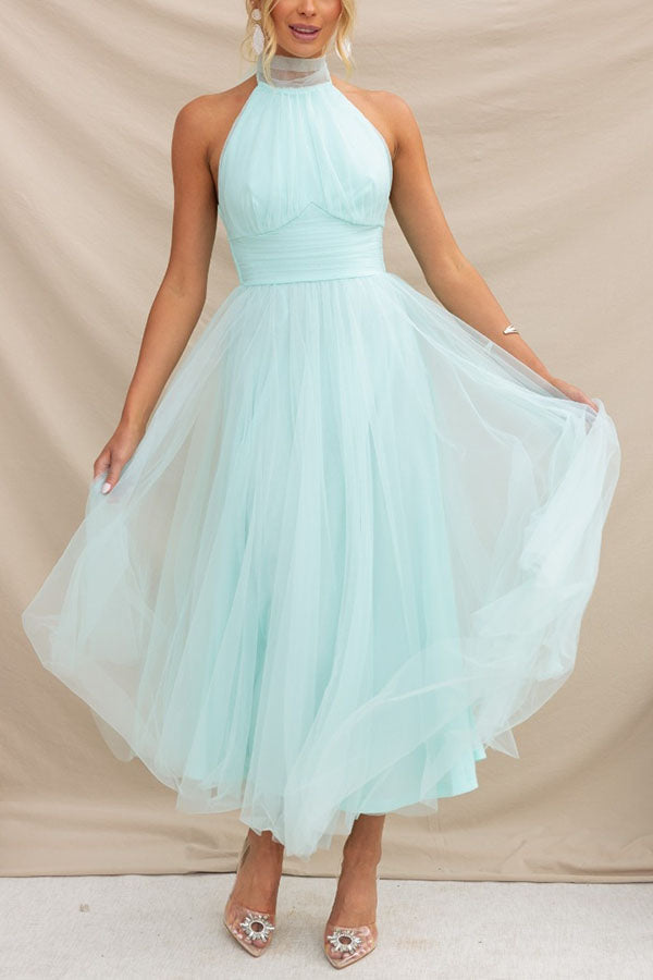 Celestia | Women's Chiffon Mesh Halter Neck Ruched Waist A-Line Midi Dress Carol & Margaret Wilmington