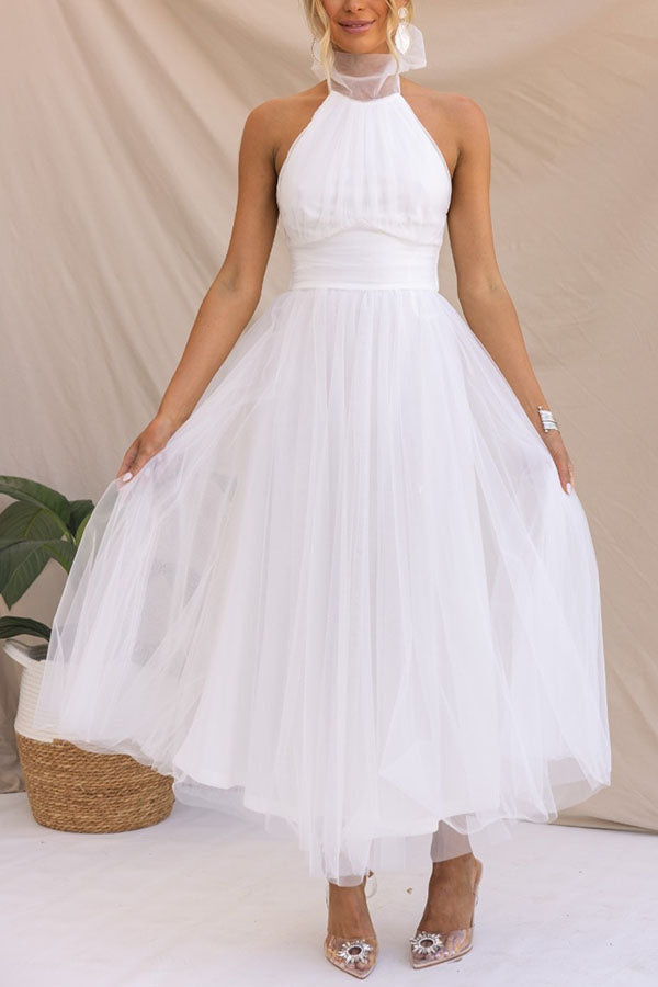 Celestia | Women's Chiffon Mesh Halter Neck Ruched Waist A-Line Midi Dress Carol & Margaret Wilmington