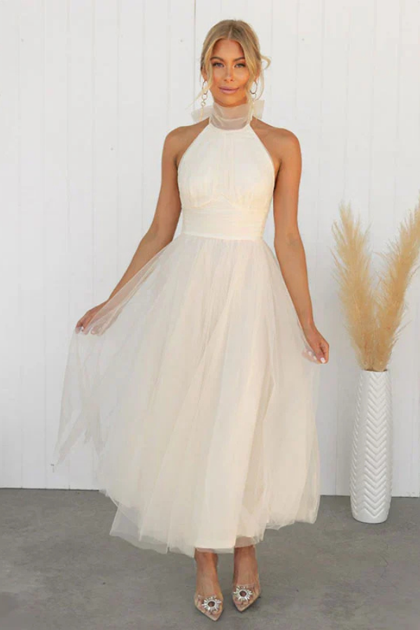 Celestia | Women's Chiffon Mesh Halter Neck Ruched Waist A-Line Midi Dress Carol & Margaret Wilmington