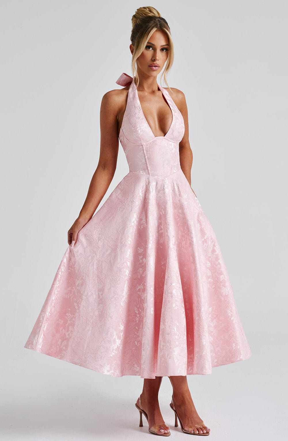 Celestine | Women's Jacquard Deep V Halter Neck A-Line Midi Dress Carol & Margaret Wilmington