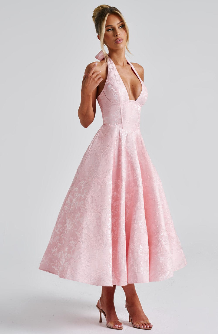 Celestine | Women's Jacquard Deep V Halter Neck A-Line Midi Dress Carol & Margaret Wilmington