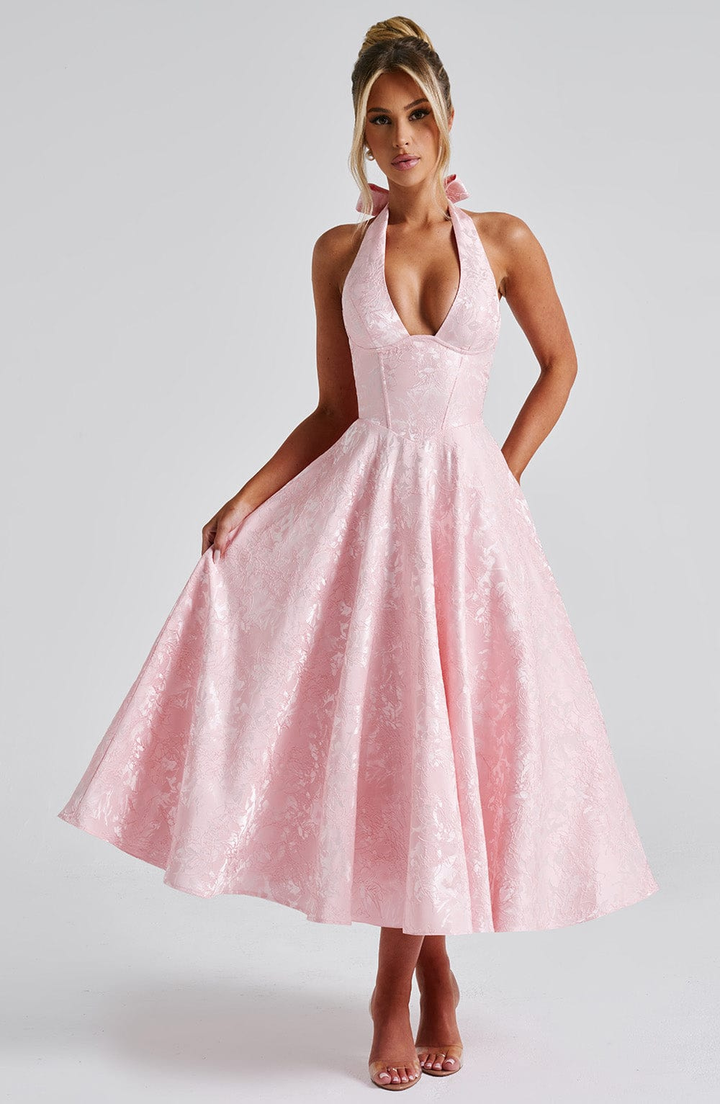 Celestine | Women's Jacquard Deep V Halter Neck A-Line Midi Dress Carol & Margaret Wilmington