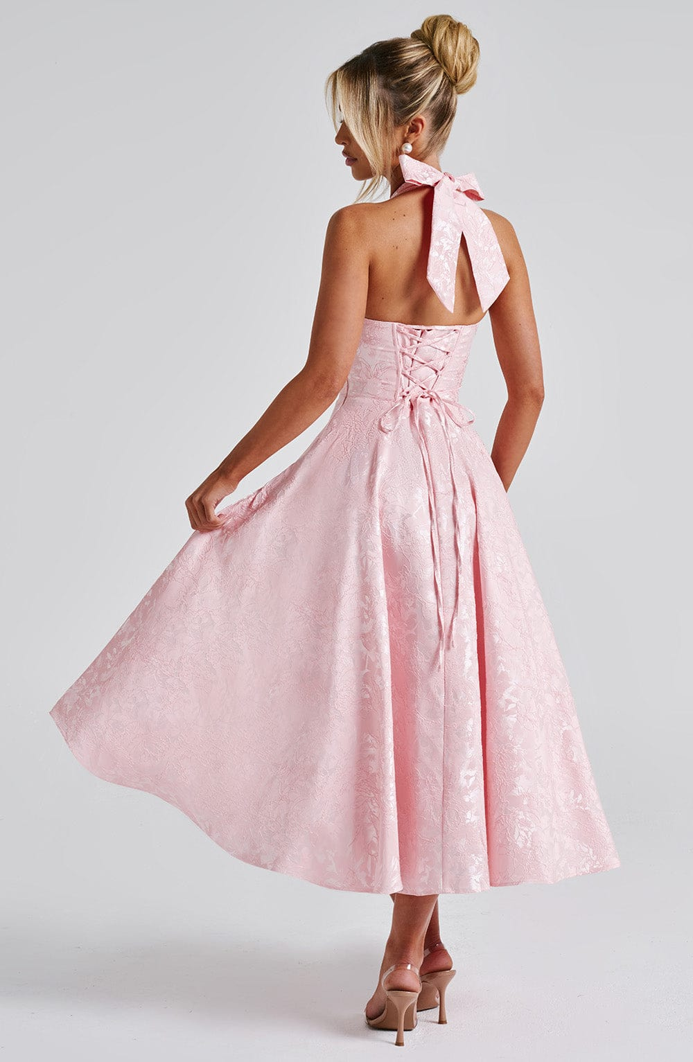 Celestine | Women's Jacquard Deep V Halter Neck A-Line Midi Dress Carol & Margaret Wilmington