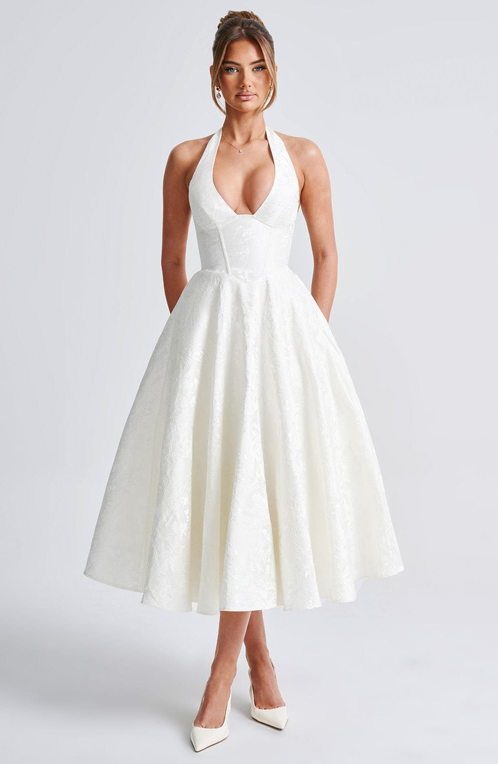 Celestine | Women's Jacquard Deep V Halter Neck A-Line Midi Dress Carol & Margaret Wilmington