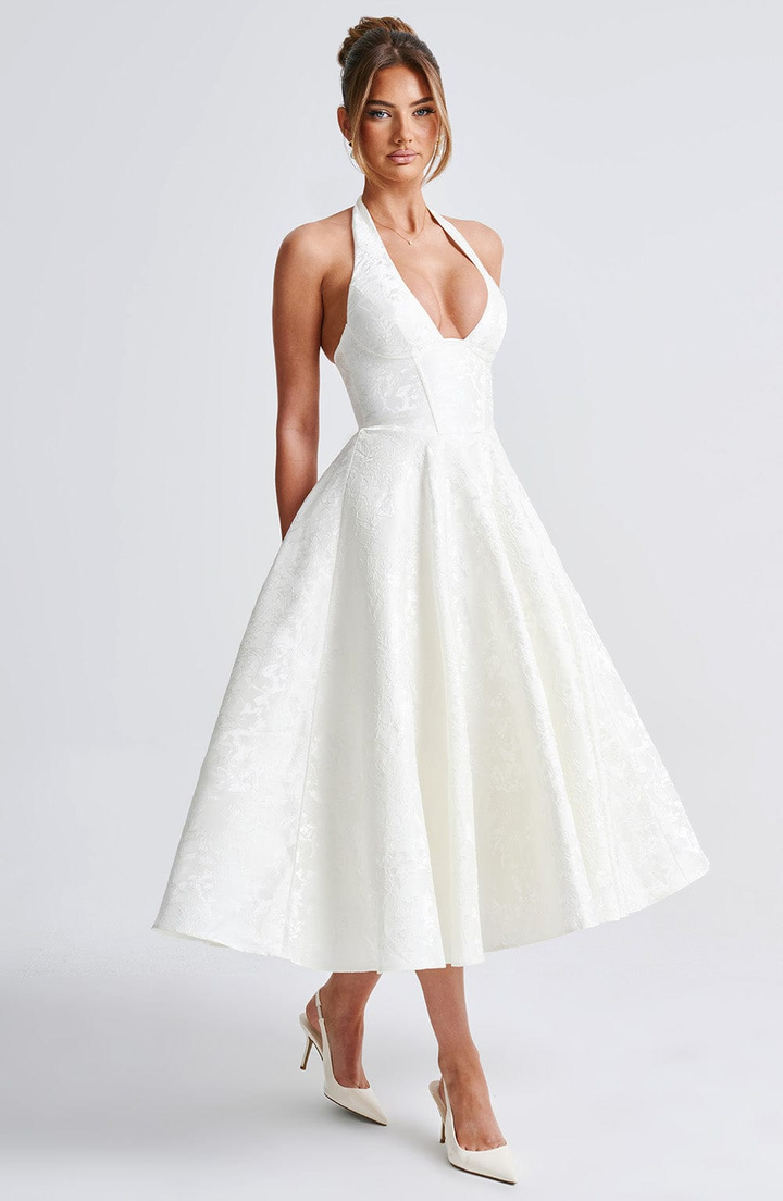 Celestine | Women's Jacquard Deep V Halter Neck A-Line Midi Dress Carol & Margaret Wilmington