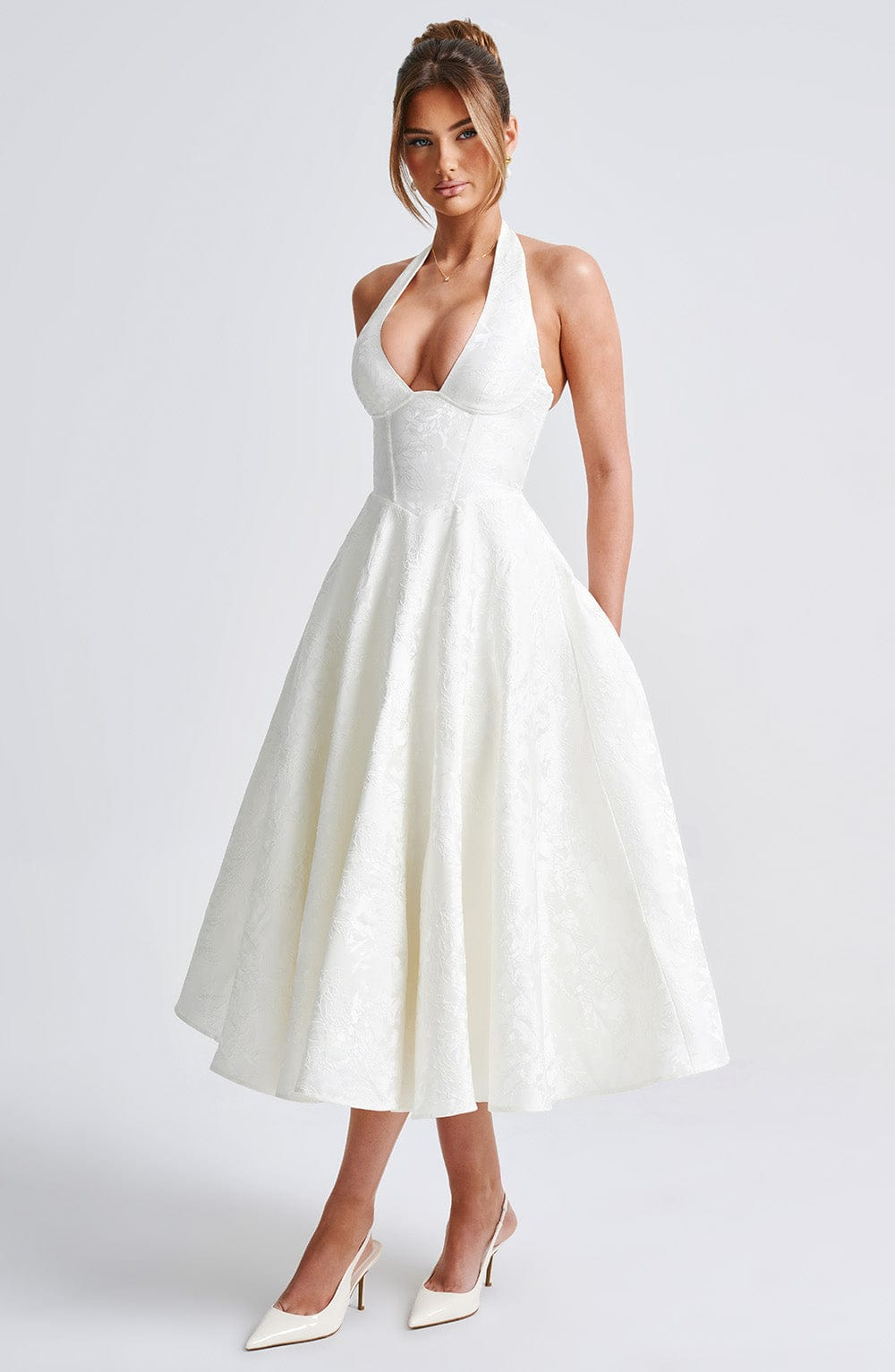Celestine | Women's Jacquard Deep V Halter Neck A-Line Midi Dress Carol & Margaret Wilmington