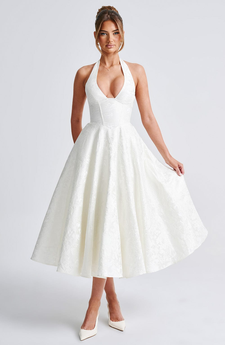 Celestine | Women's Jacquard Deep V Halter Neck A-Line Midi Dress Carol & Margaret Wilmington