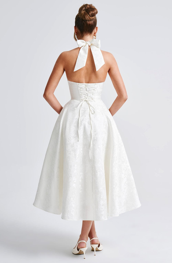 Celestine | Women's Jacquard Deep V Halter Neck A-Line Midi Dress Carol & Margaret Wilmington