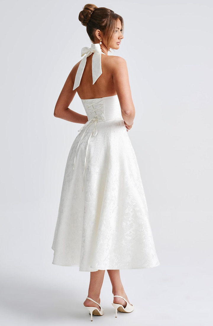 Celestine | Women's Jacquard Deep V Halter Neck A-Line Midi Dress Carol & Margaret Wilmington