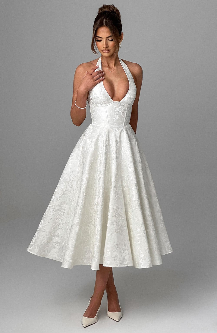 Celestine | Women's Jacquard Deep V Halter Neck A-Line Midi Dress Carol & Margaret Wilmington